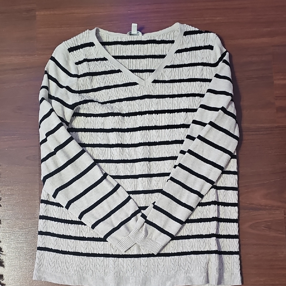 Striped V-Neck Sweater - Black and White